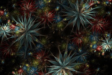 Güzel soyut 3D renkli çiçek, siyah arka planda parlayan çiçek yaprakları. 3d hazırlayıcı