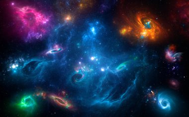 Gezegenlerin, yıldızların ve galaksilerin olduğu Panorama Uzay Sahnesi. Banner şablonu. Uzayda pek çok Nebula ve galaksi, pek çok ışık yılı uzakta. Derin Evren. Büyük ölçekli yapı 3D oluşturuldu