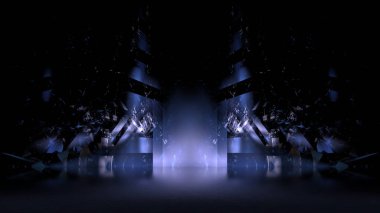 Renkli fütüristik sahne arkaplanı. Modern karanlık neon muhteşem yansıma arka plan, parlayan parlak elementler. 3d hazırlayıcı