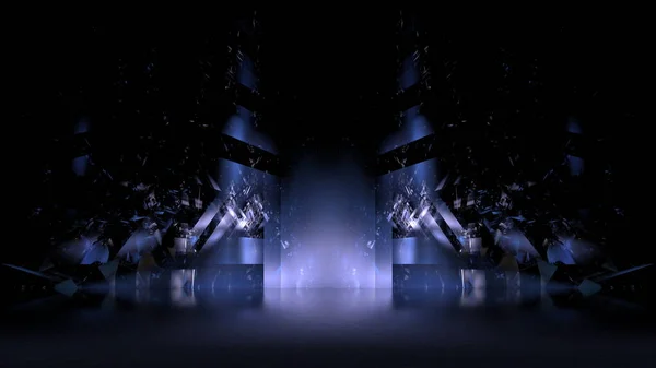 色未来的なショーケースの背景 現代のダークネオン幻想的な反射は 輝く明るい要素を示しています 3Dレンダリング — ストック写真