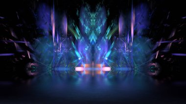 Renkli fütüristik sahne arkaplanı. Modern karanlık neon muhteşem yansıma arka plan, parlayan parlak elementler. 3d hazırlayıcı