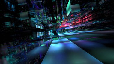 Hi tech digital interior Abstract data center server, business technology blured Polygonal geometric space, 3D render