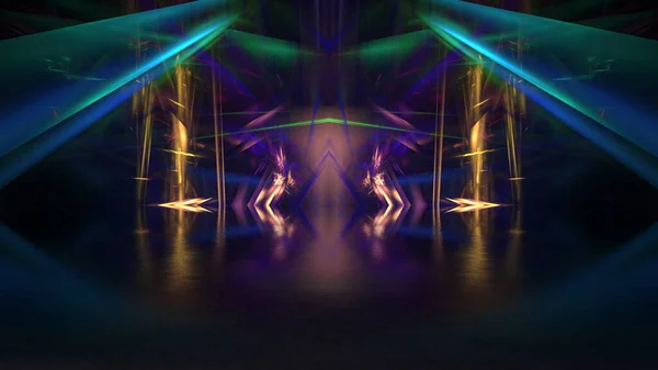 色未来的なショーケースの背景 現代のダークネオン幻想的な反射は 輝く明るい要素を示しています 3Dレンダリング — ストック写真
