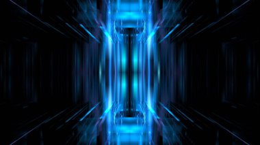 Fütürist vitrin neon renkli ışık podyumu sahnesi. Soyut bulanık cam şeffaf arka plan vitrin sahne dükkânı. Fütürist modern fantezi siyah vitrin koridoru. 3d hazırlayıcı