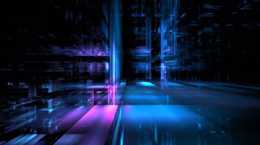 Soyut 3 boyutlu uzay, tasarım elementleri. Dijital teknolojiler ve veri merkezleri. Bina tasarımı, dijital ekonomi. Parlak duvarlar. 3d hazırlayıcı