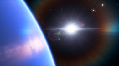 Mavi gezegenin arkasından gün doğumu. Uzaydaki gezegenlerin fantastik bilimsel manzarası. Sınırsız siyah uzay, hayali bir mavi gezegen. 3d hazırlayıcı