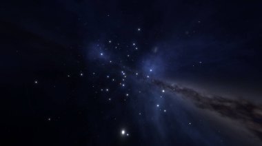 Yıldızlar ve galaksiler arasında uzayda kozmik nebula. Gaz tozu bulutları uzayda bulutsu oluşturur. Evrenin doğumu ve genişlemesi. Nebuladan yıldızların ve gezegenlerin oluşumu. 3d hazırlayıcı