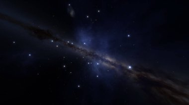 Yıldızlar ve galaksiler arasında uzayda kozmik nebula. Gaz tozu bulutları uzayda bulutsu oluşturur. Evrenin doğumu ve genişlemesi. Nebuladan yıldızların ve gezegenlerin oluşumu. 3d hazırlayıcı