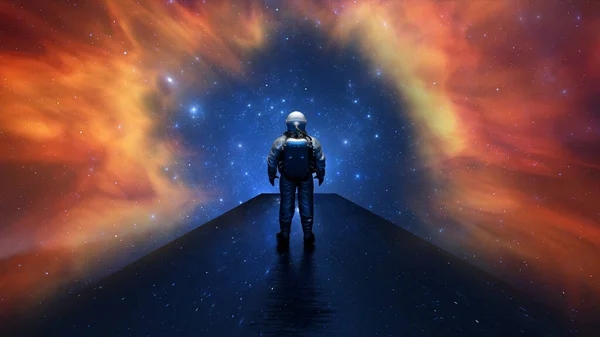 Astronauta Cosmonauta Encuentra Puente Estrellas Reflectantes Mira Espacio Miles Millones — Foto de Stock