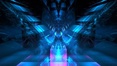 Dijital iç bina Hi tech soyut veri merkezi sunucu toneli. İş teknolojisi Polygonal geometrik dijital siber punk alanı, renk ışığı bulanıklaştırdı. 3 Boyutlu Hazırlama