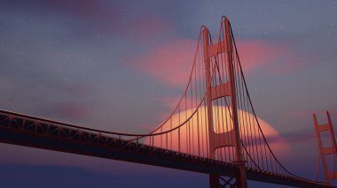 Gün batımında büyük kırmızı asma köprü, köprünün arkasında büyük sarı turuncu gün batımı. 3d hazırlayıcı