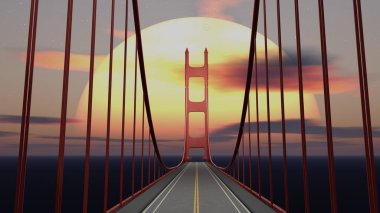 Gün batımında büyük kırmızı asma köprü, köprünün arkasında büyük sarı turuncu gün batımı. 3d hazırlayıcı