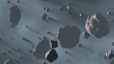 Asteroit alanı uzayda uçuyor, büyük metalik göktaşı kuşağı. Uzayda uçan kayalar ve enkaz yığınları, kozmik arkaplan. 3d hazırlayıcı