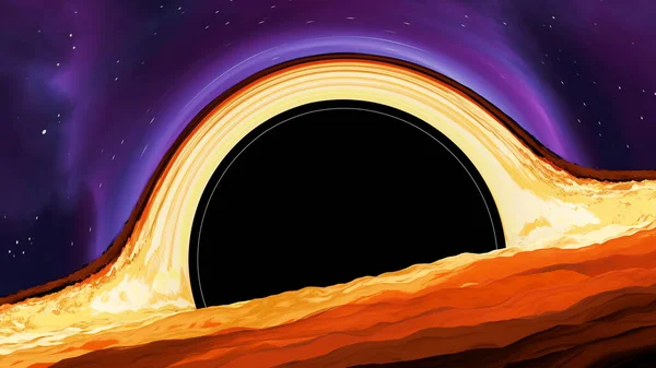 Black hole swallows planets and stars in space. The event horizon of a black hole, the destruction of galaxies, strong gravitational attraction. 3D render