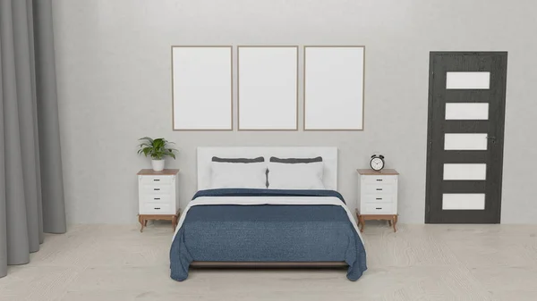 Home bedroom interior mockup background. Three vertical empty wooden frames. Poster mock up in contemporary home decoration. Free copy space. 3D render