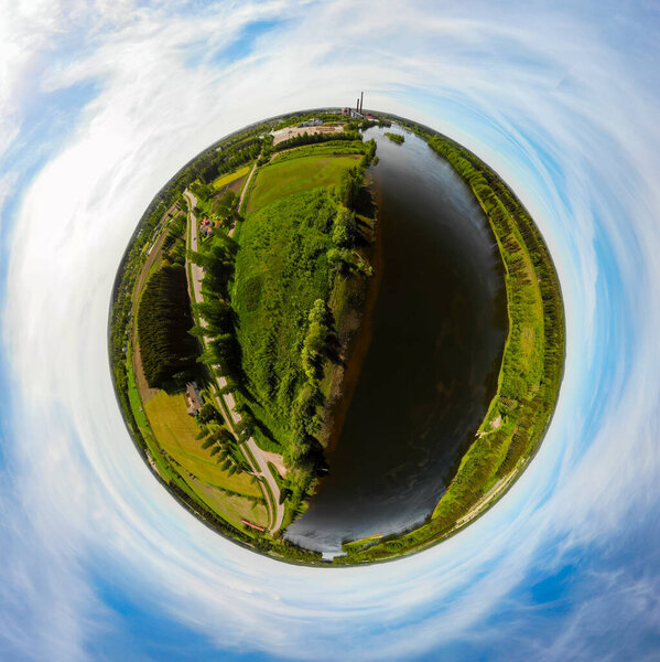 A three dimensional aerial panoramic view of place Myllykoski at river Kymijoki, Kouvola, Finland.