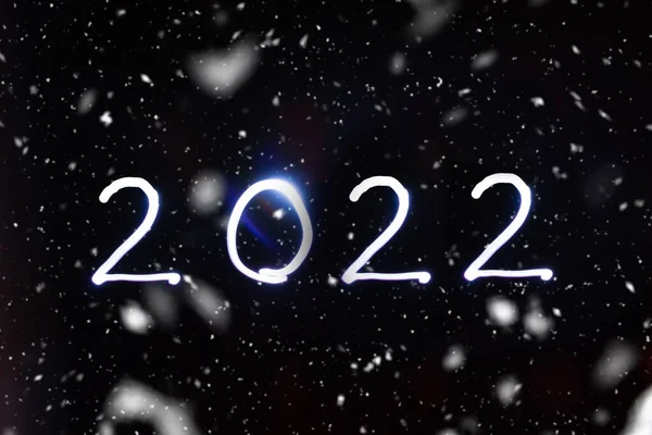 Nouvel 2022 Sur Fond Neigeux Noir Concept Lumière — Photo