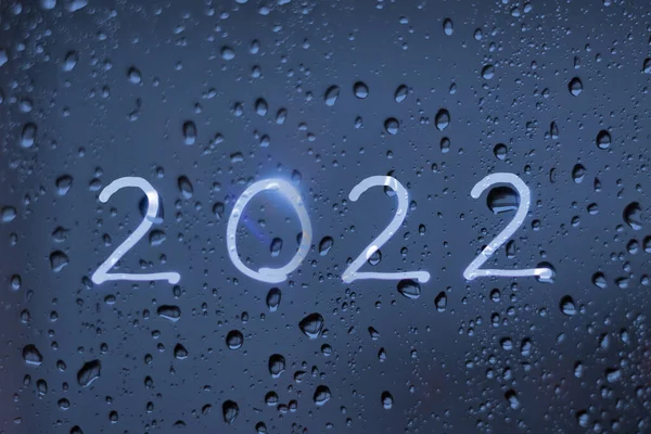Ano Novo 2022 Fundo Vidro Molhado Luz Conceitual — Fotografia de Stock