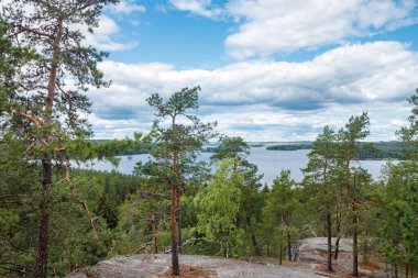 Hiidensaari, Finlandiya 'daki Hiidenvuori Dağı' ndan Pyhajarvi Gölü manzarası çok güzeldir.