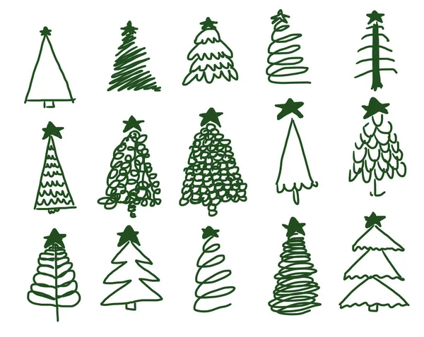 Conjunto Árvore Natal Verde Branco Linha Arte Desenhada Mão Imagens Royalty-Free