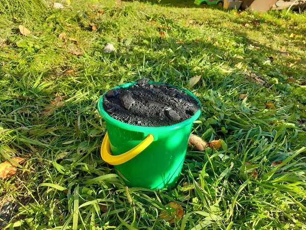 Sonbaharda çimlerin üzerinde yeşil plastik bir kovada kömür