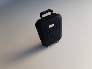 Koyu mavi el ısıtıcısı beyaz arka planda tekerlekleri olan bavul şeklinde.