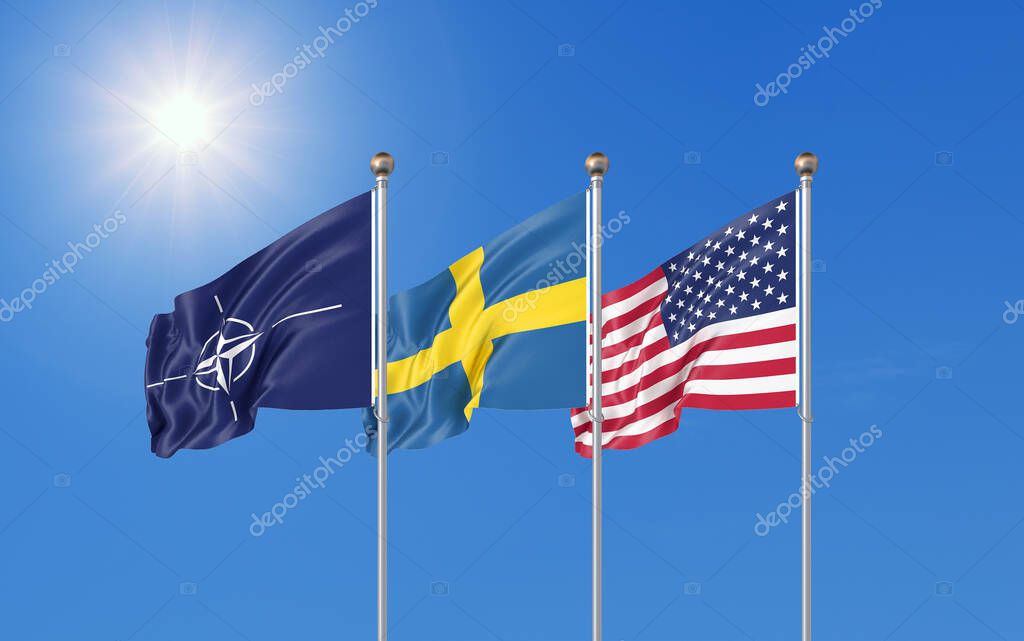 Flags of NATO North Atlantic Treaty Organization, Sweden, USA. 3D