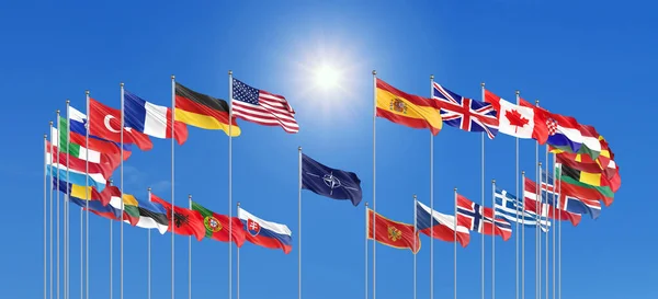 NATO Zirvesi - Madrid, İspanya 2022. 30 NATO Ülkesi Bayrakları - Kuzey Atlantik Antlaşması. Üç boyutlu illüstrasyon. Gökyüzü arka planında izole.