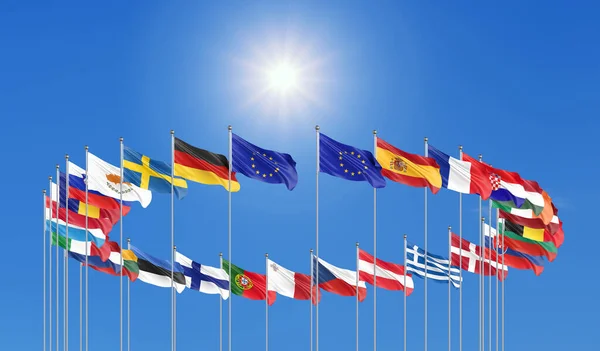 Vlaggen Van Landen Van Europese Unie Blauwe Lucht Achtergrond Illustratie — Stockfoto