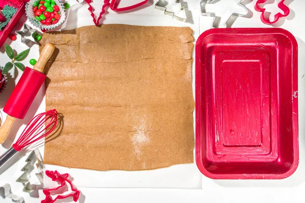 Vánoce Nový Rok Vaření Pozadí Přísady Pečení Nádobí Perníkové Těsto — Stock fotografie