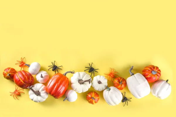 Halloween Dekoration Hintergrund Mit Kürbissen Spinnen Auf Weißem Tischhintergrund Ansicht — Stockfoto