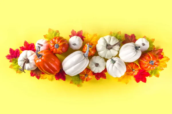 Feierlicher Erntedank Feiertag Hintergrund Weiße Orangefarbene Kürbisse Bunte Herbstblätter Beeren — Stockfoto