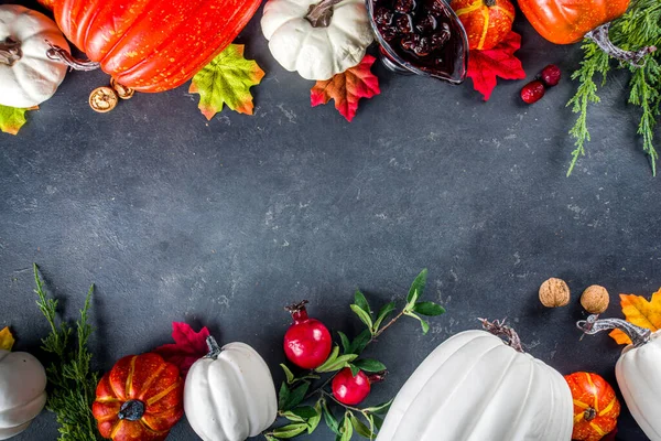 Feierlicher Erntedank Feiertag Hintergrund Weiße Orangefarbene Kürbisse Bunte Herbstblätter Beeren — Stockfoto