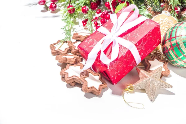 Natal Cartão Fundo Com Bolas Árvore Natal Decorações Caixa Presente — Fotografia de Stock