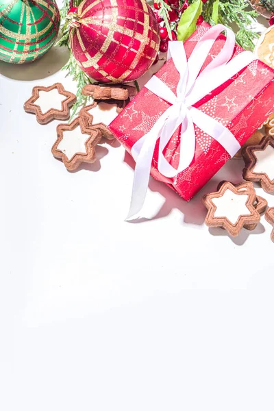 Natal Cartão Fundo Com Bolas Árvore Natal Decorações Caixa Presente — Fotografia de Stock