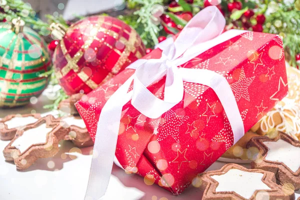 Natal Cartão Fundo Com Bolas Árvore Natal Decorações Caixa Presente — Fotografia de Stock