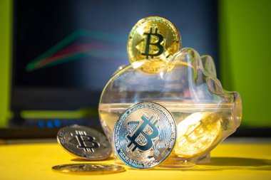 Bitcoin geçmişi, kripto para birimi sanal para piyasası konsepti. Bilgisayarın arka planında kumbaralı altın bitcoin paralar ve döviz çizelgesi. 