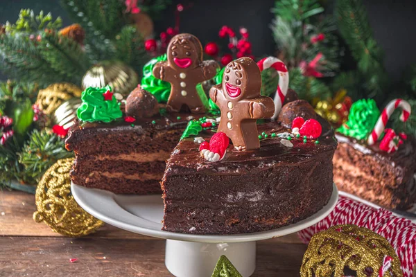 Schokoladenkuchen Weihnachten Hausgemachte Lebkuchen Schokoladenkuchen Mit Zucker Und Schokoladendekor Form — Stockfoto