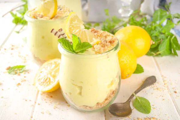 Baked Homemade Lemon Cheesecake Mint Small Vintage Jars — Stock Photo, Image