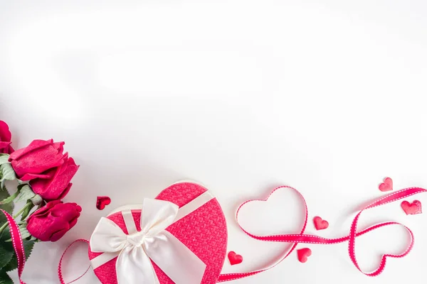 Фон День Святого Валентина Плоская Рама Розовых Цветов Подарков Свечей — стоковое фото