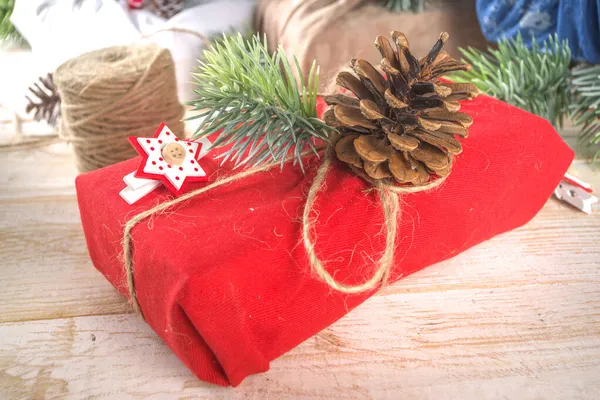 Fabric Wrapped Christmas Gifts Reusable Sustainable Zero Waste Concept Recycled — Stock Photo, Image