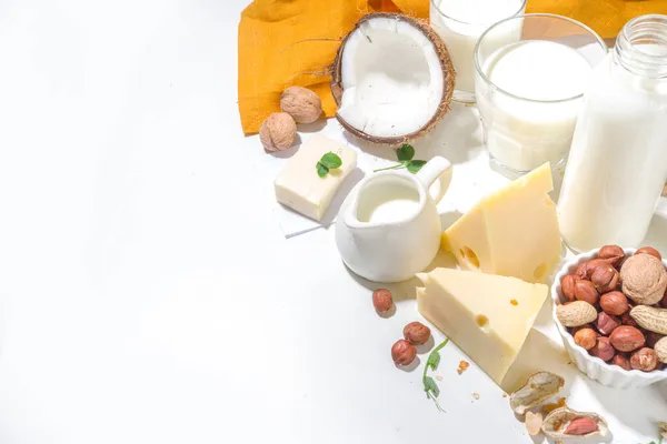 Wegańskie Non Produkty Mleczne Mleko Śmietana Masło Jogurt Ser Bazie — Zdjęcie stockowe