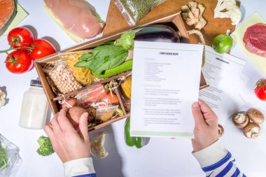 Yemek seti teslimat konsepti. Çeşitli sağlıklı yemek malzemeleri koyun et, sebze, meyve, baharat ve yemek tarifleri. İnternetten şef malzemeleri sipariş etmek, market teslimatı.