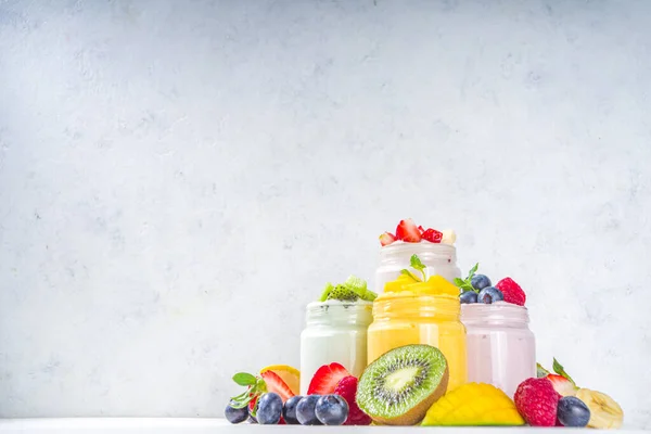Set Various Fruit Berry Sweet Yogurts Glass Jars Variety Healthy — Stock Photo, Image