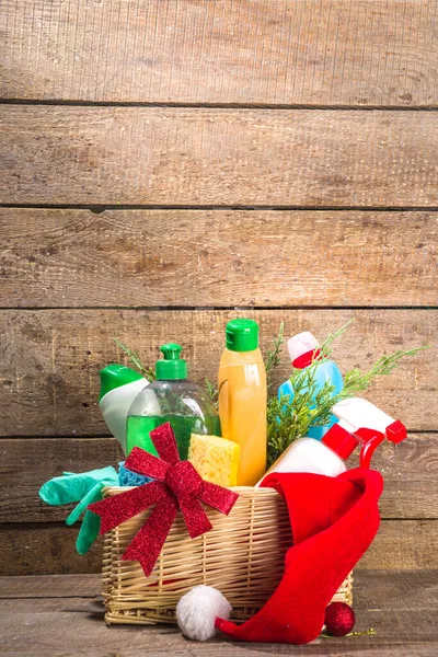 Christmas Cleaning Concept Various Bottles Equipment Accessories Gloves Cleaning Christmas — Stock Photo, Image