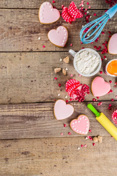 Valentine Day Cooking Baking Background Utensils Ingredient Sweet Valentine Cakes — Stock Photo, Image