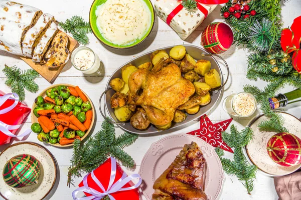 Festive Christmas Dinner Table Traditional Foods Dished Baked Ham Chicken — Stock Photo, Image