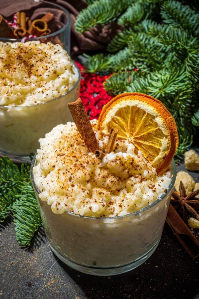 Risgrynsgrot Scandinavian Style Christmas Rice Porridge Cinnamon Spices Christmas Tree — Stock Photo, Image