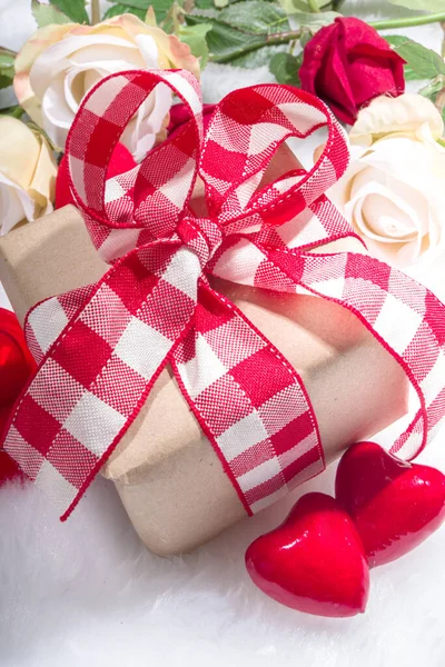 Valentine Day Holiday Background Craft Paper Gift Box Ribbon Rose — Stock Photo, Image
