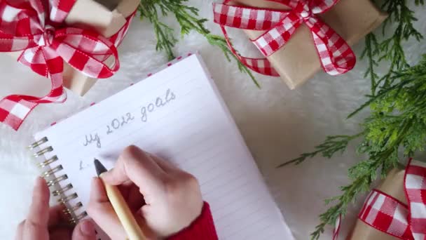 Συντάσσοντας Ένα Σχέδιο Για Έτος Νέο Έτος Έννοια Εξυγίανσης Σημειωματάριο — Αρχείο Βίντεο